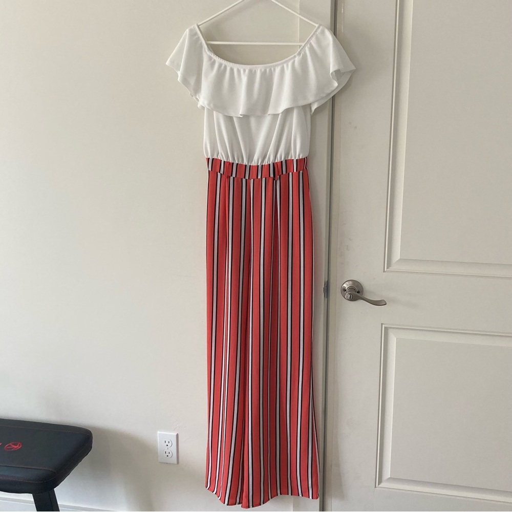Coral & White Jumpsuit w/ Butterfly Sleeves